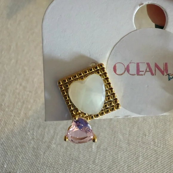 Oceanus Gold Tone Heart & Pink Crystal Earrings S925 Posts - Picture 3 of 4